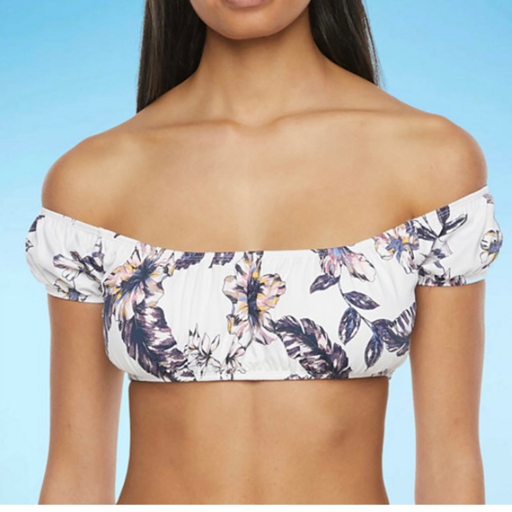 Mynah Bandeau off the shoulder shirred printed white Bikini Top Size Large